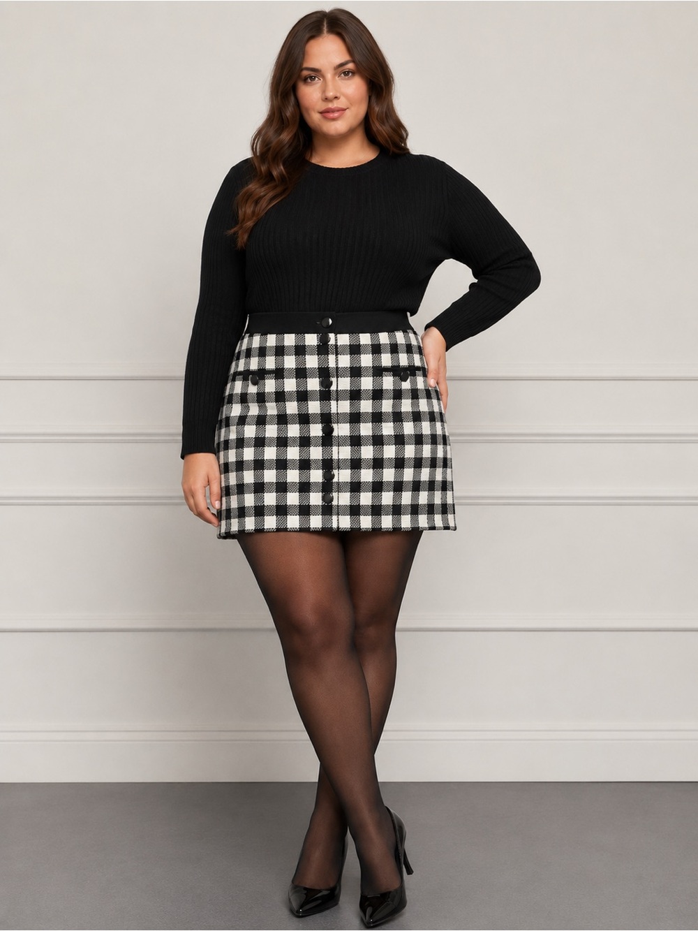 Karl Lagerfeld Black & White Gingham Button-Front Mini Skirt